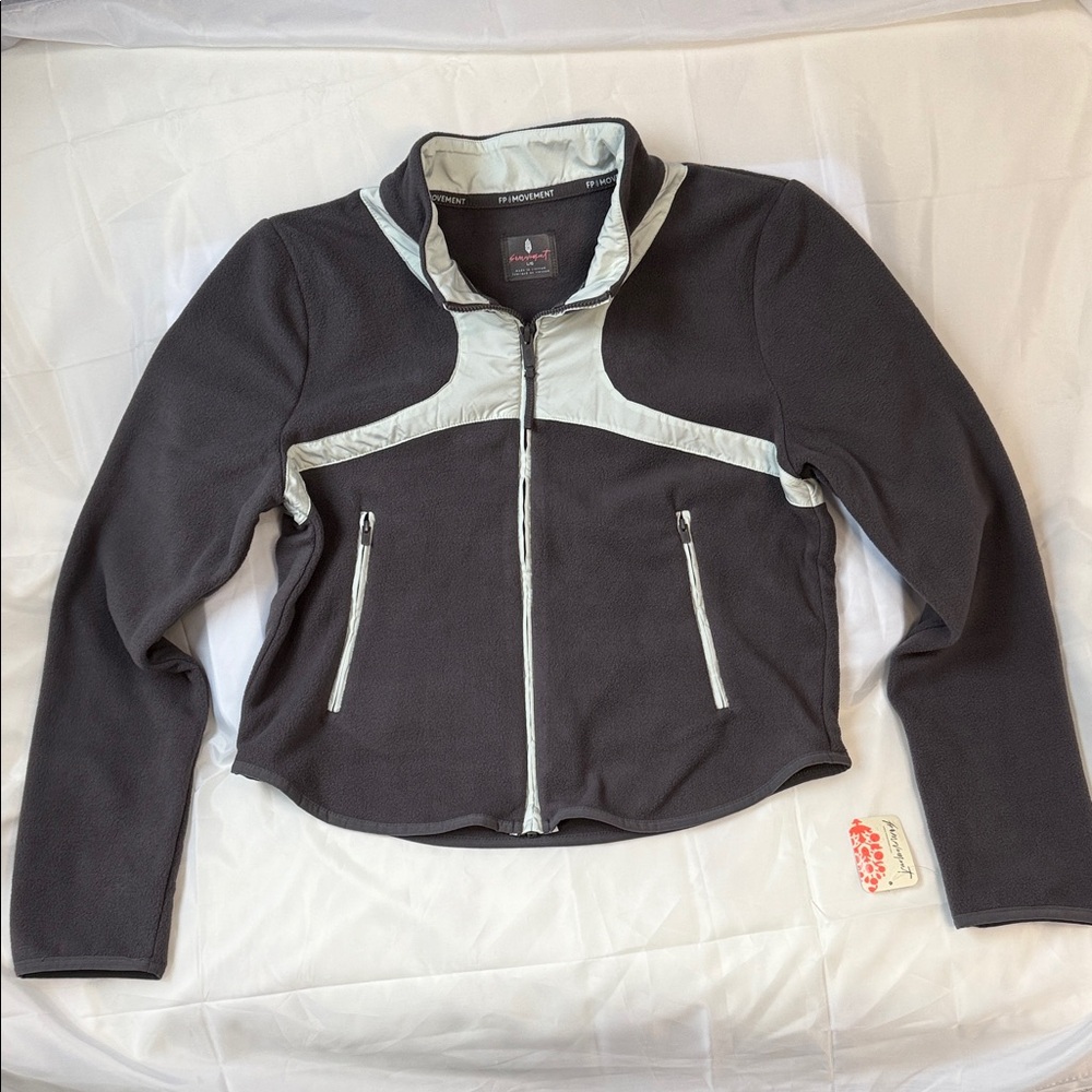 Free People In The Zone Zip Up Fleece Gunmetal/ Wintergreen Sz Large NWT
